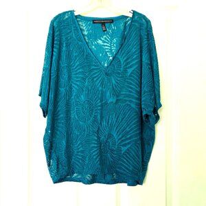 White House Black Market Teal Blue Burnout Top w Seashell Pattern
